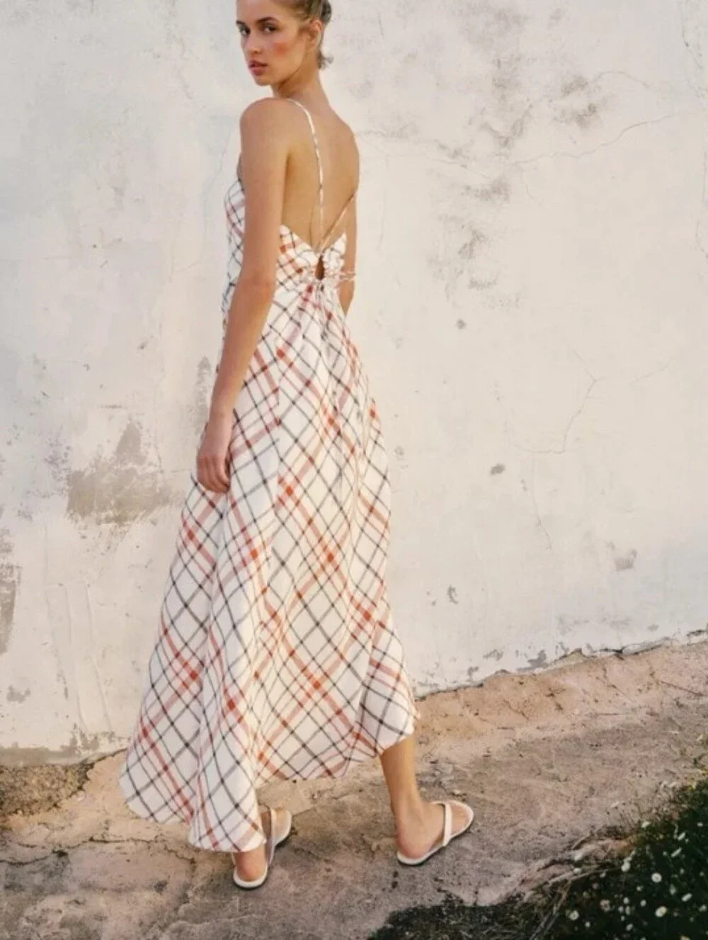 Zara 100% Linen Plaid Slip Strappy Casual Coastal  Maxi Dress with Beaded V-Neck